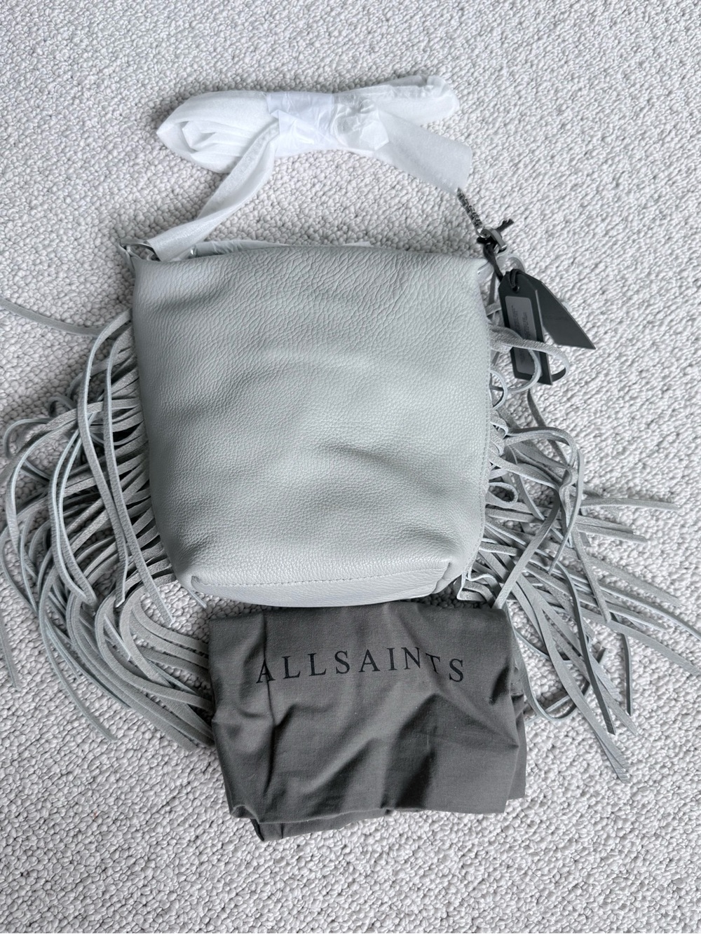 AllSaints Light Gray Fringe Leather Shoulder Bag